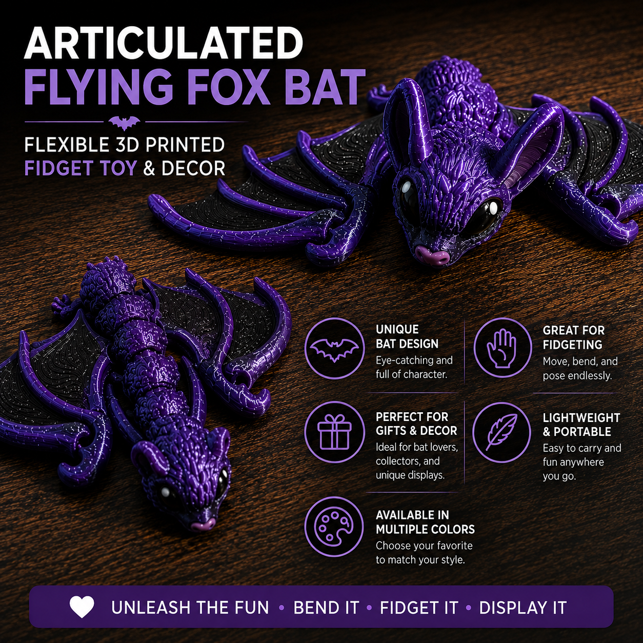 Two articulated flying fox bat fidget toys in a glittery purple and black finish, displayed on a dark wood background with promotional text and feature icons.