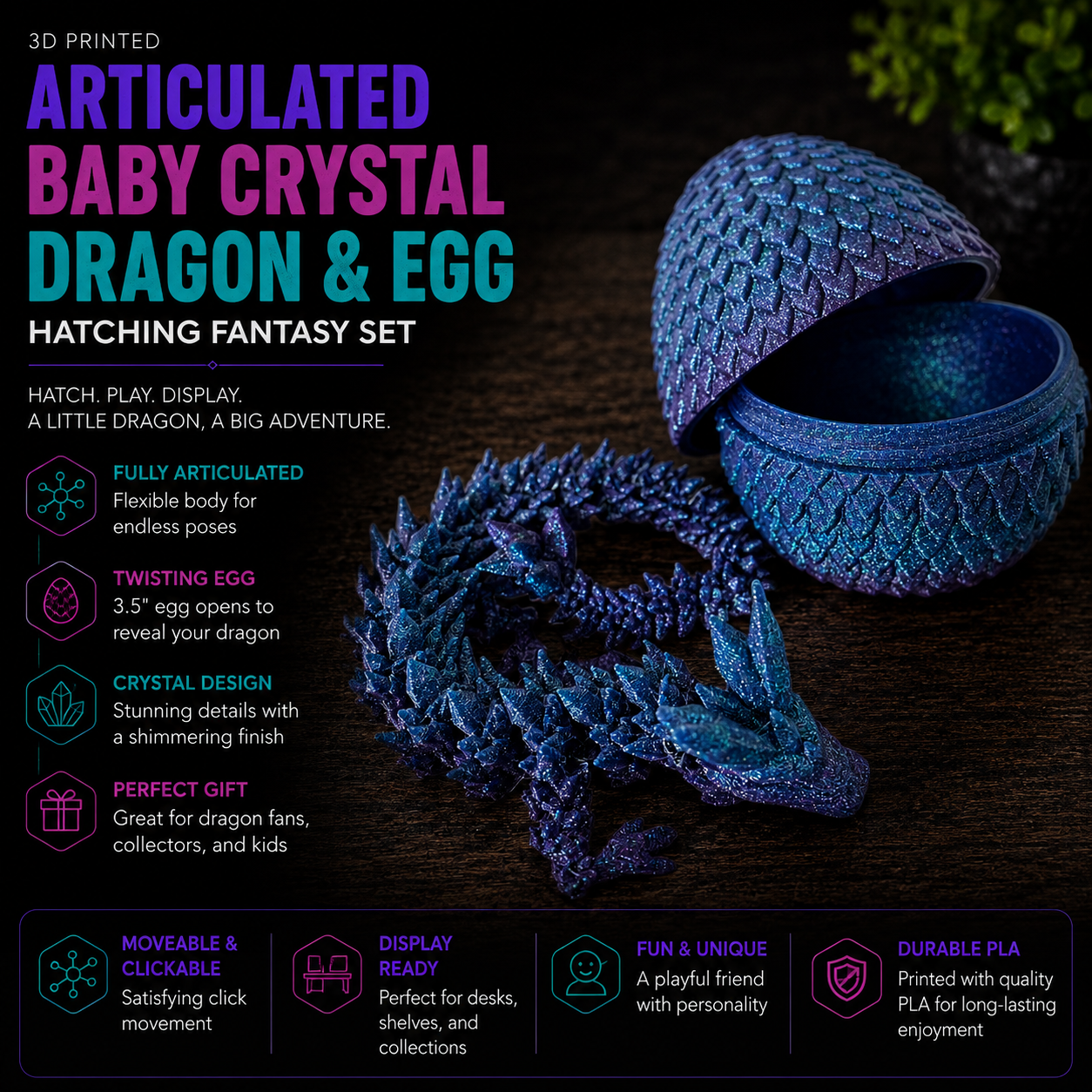 3D Printed Articulated Baby Crystal Dragon & Egg