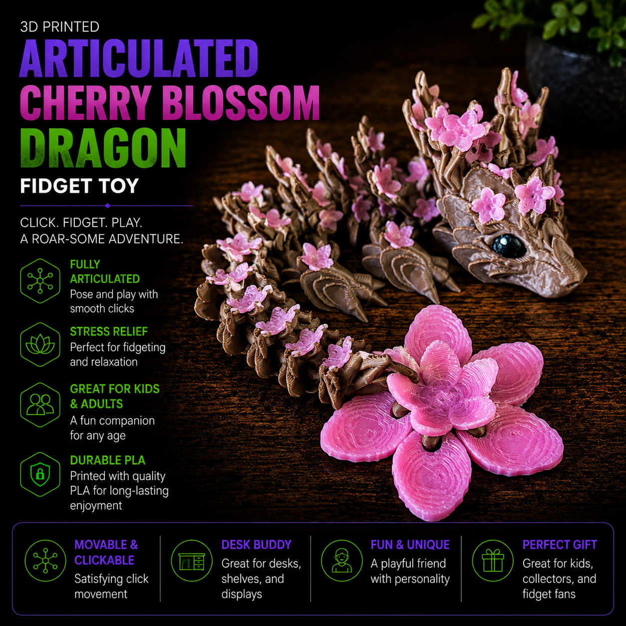 3D Printed Articulated Cherry Blossom Dragon – Floral Fantasy Figurine