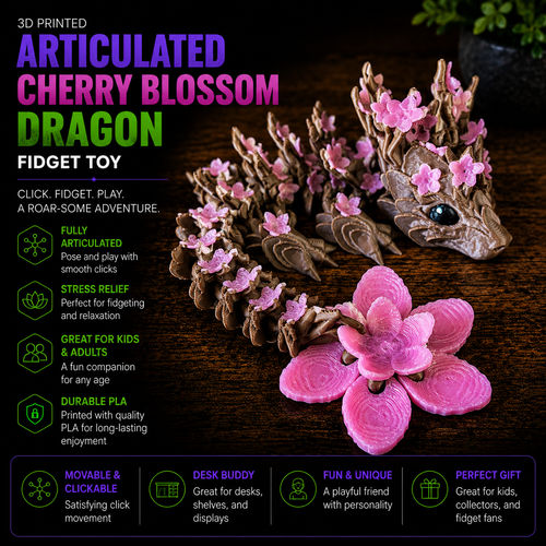 3D Printed Articulated Cherry Blossom Dragon – Floral Fantasy Figurine