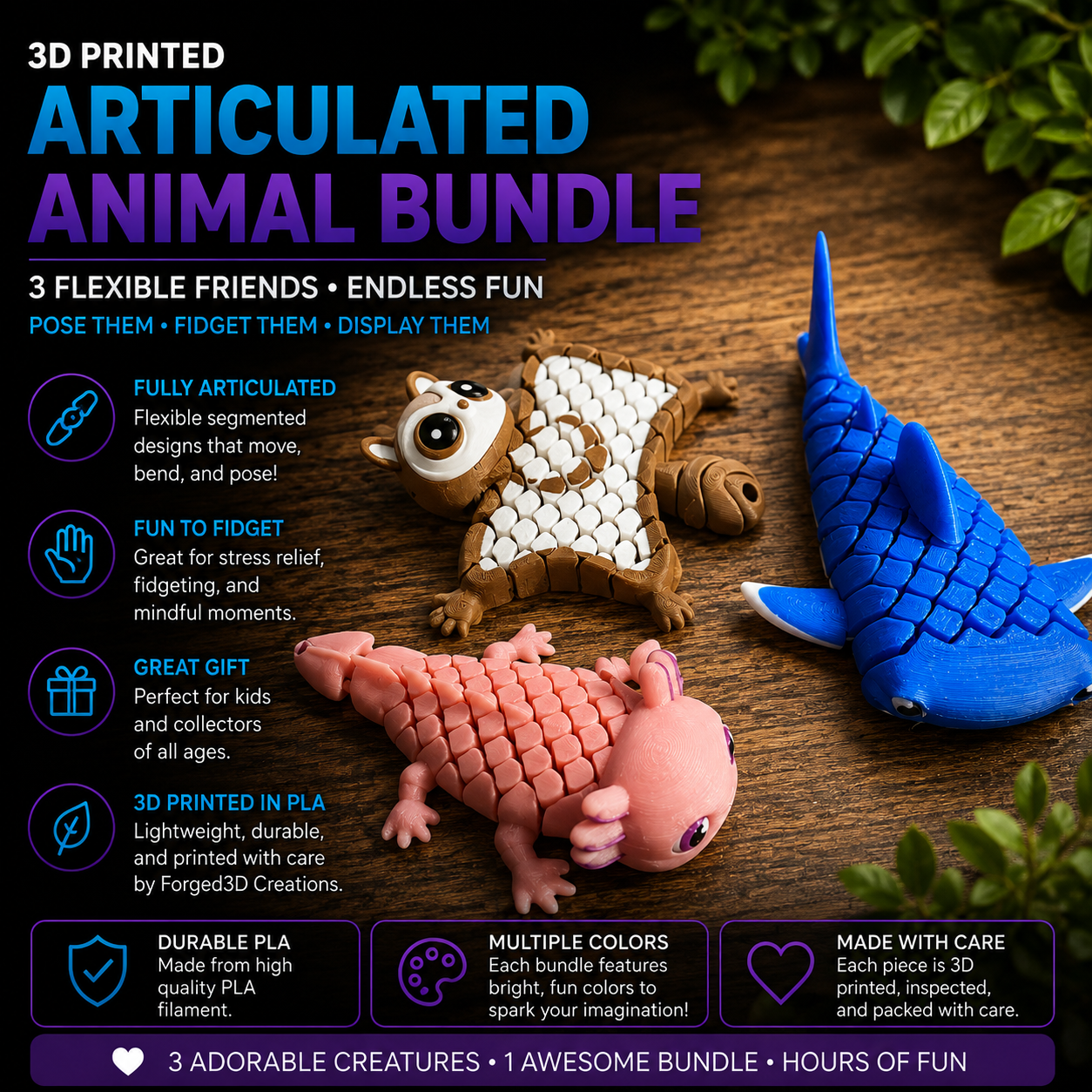 Three 3D printed articulated animal toys arranged on a wooden surface with promotional text around them: a blue shark, a pink axolotl, and a brown-and-white squirrel. The image highlights flexible joints, multiple colors, and pet-friendly design.