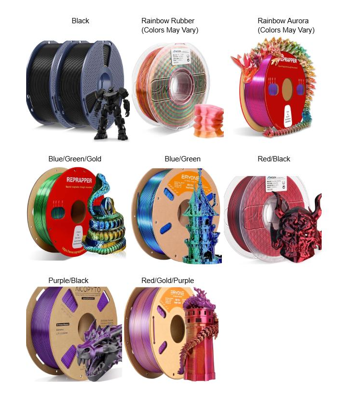 A collage showing multiple 3D printer filament spools with printed examples on the side. Text labels identify color options including Black, Rainbow Rubber, Rainbow Aurora, Blue/Green/Gold, Blue/Green, Red/Black, Purple/Black, and Red/Gold/Purple.