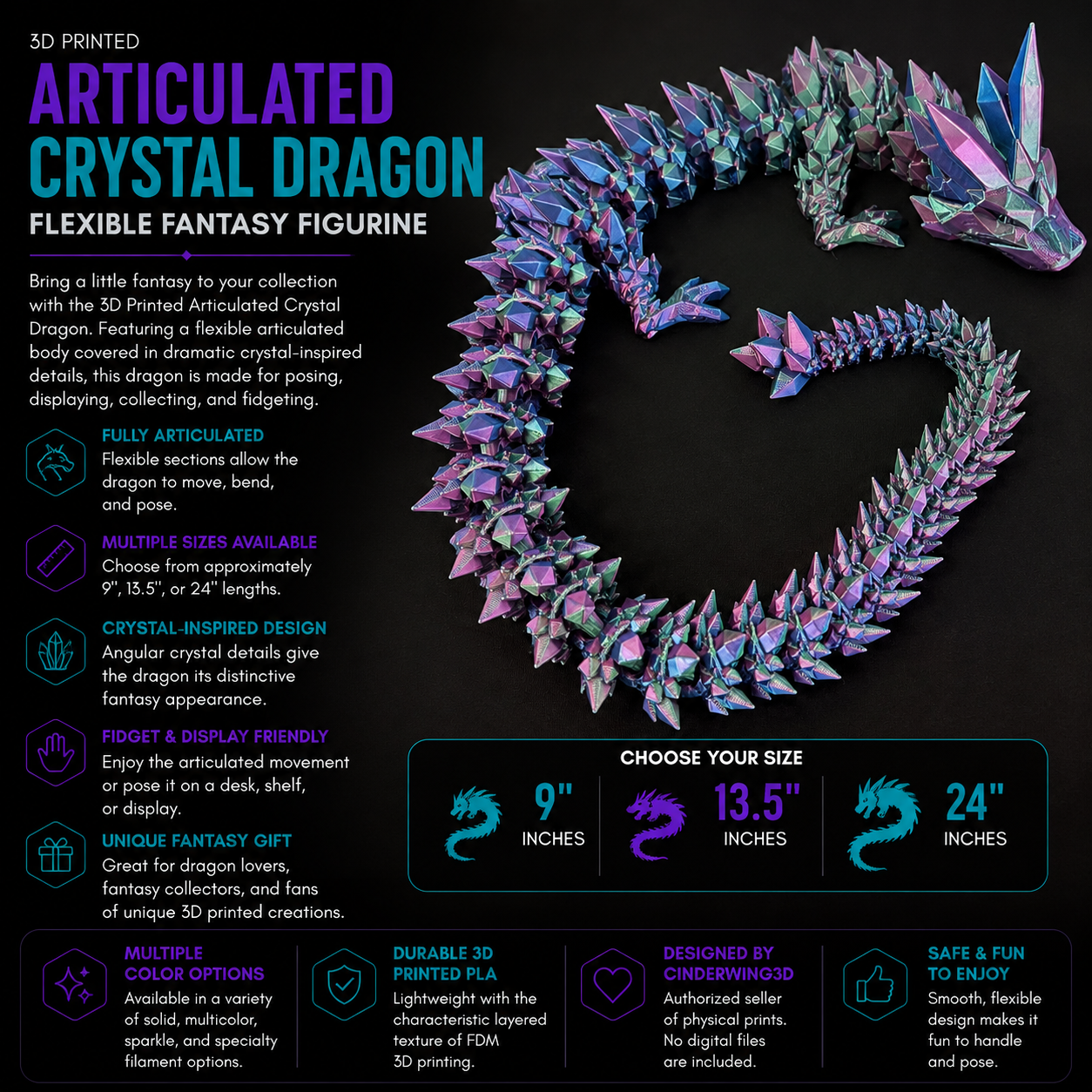 3D Printed Articulated Crystal Dragon – Flexible Fantasy Dragon
