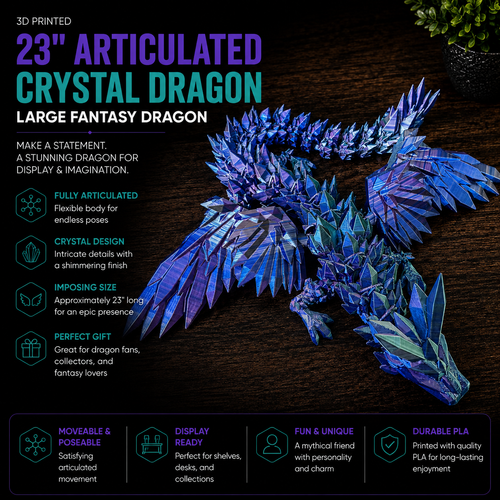 23" 3D Printed Articulated Crystal Dragon – Large Fantasy Dragon