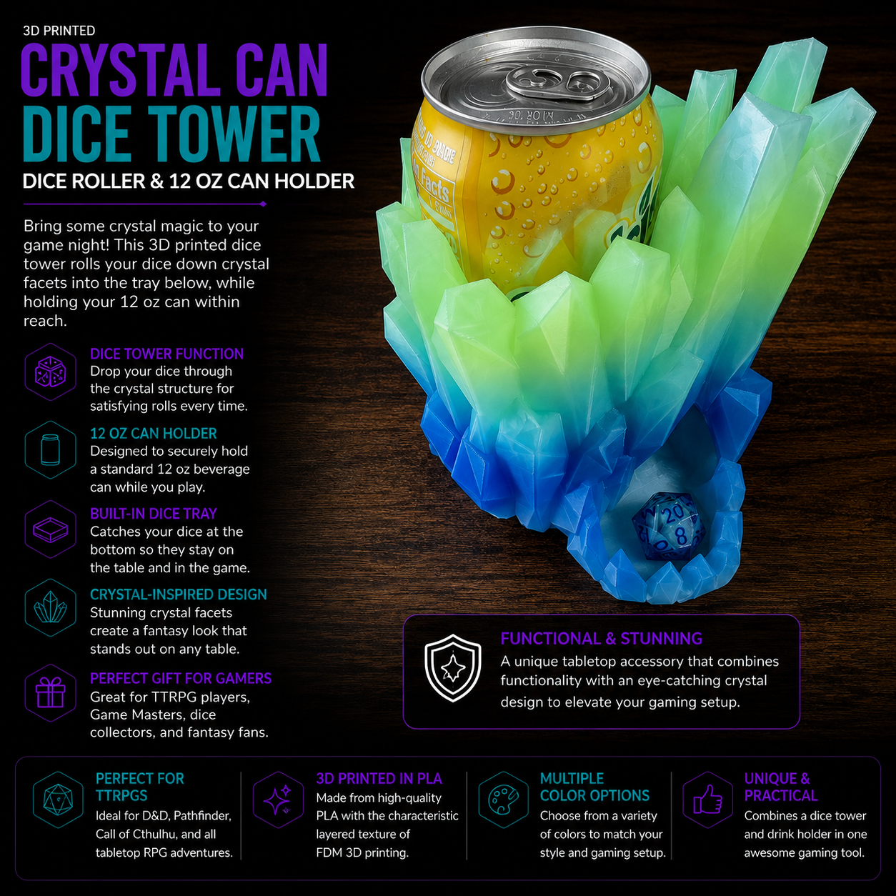 3D Printed Crystal Dice Tower & 12 oz Can Holder