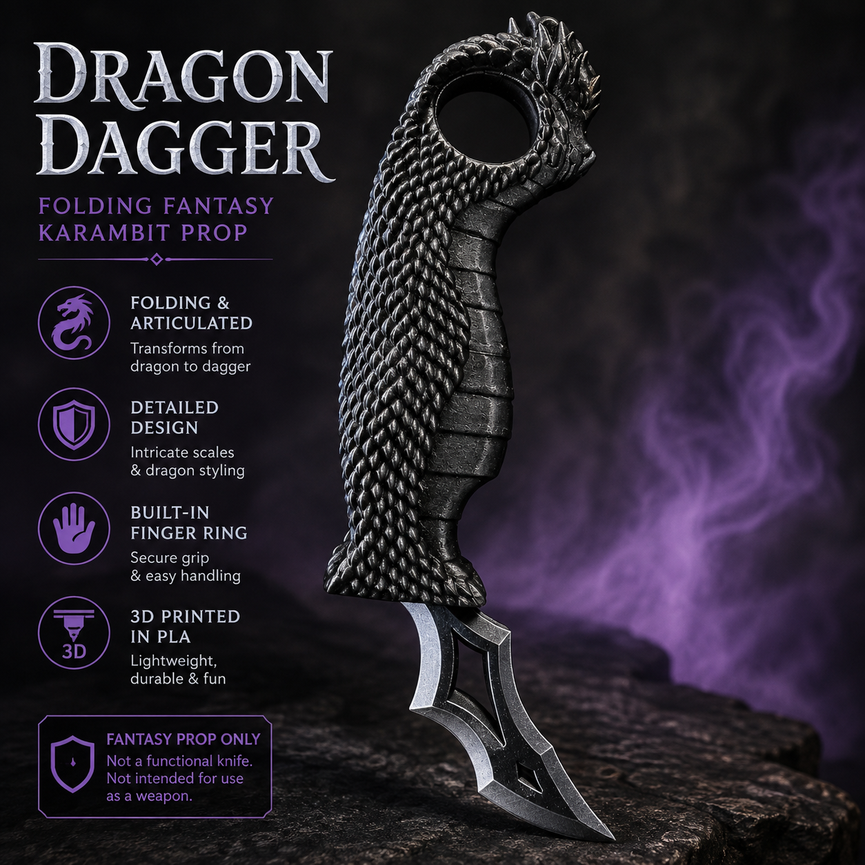 3D Printed Dragon Dagger – Folding Fantasy Karambit Fidget