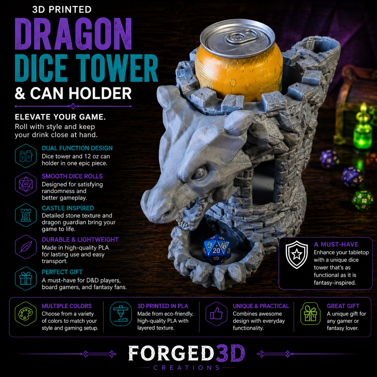 3D Printed Dragon Dice Tower & 12 oz Can Holder