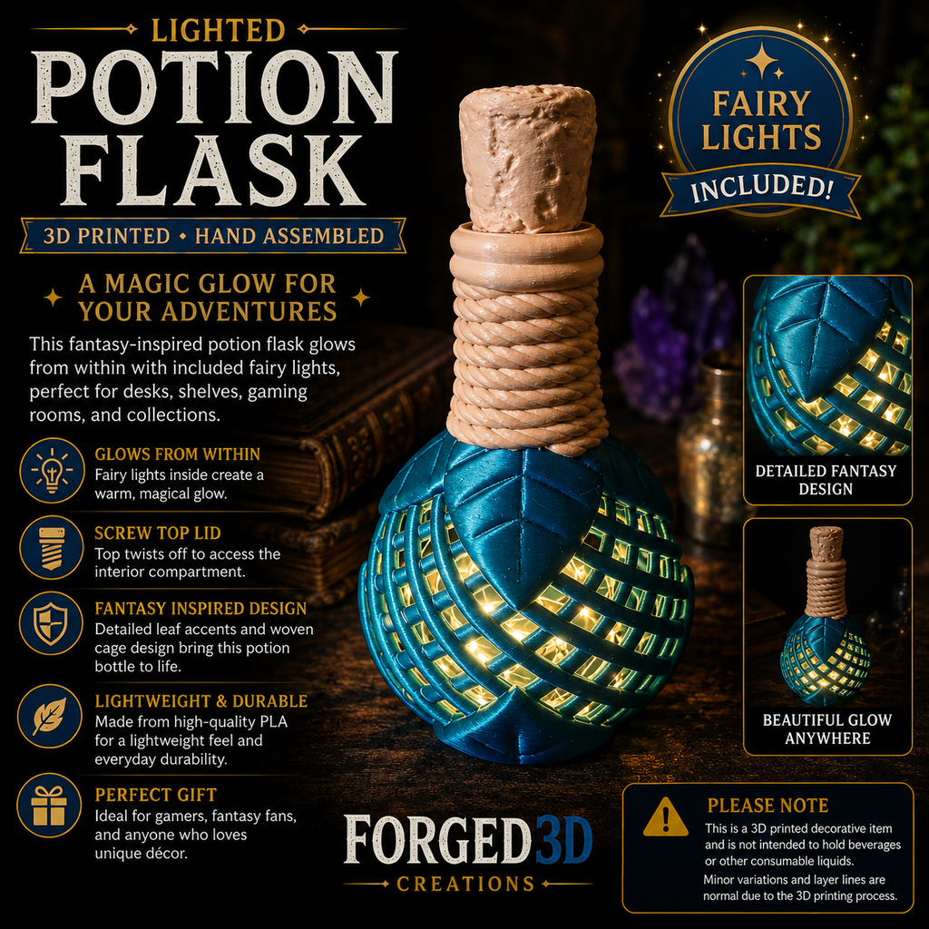 3D Printed Lighted Potion Flask – Fantasy Bottle with Fairy Lights