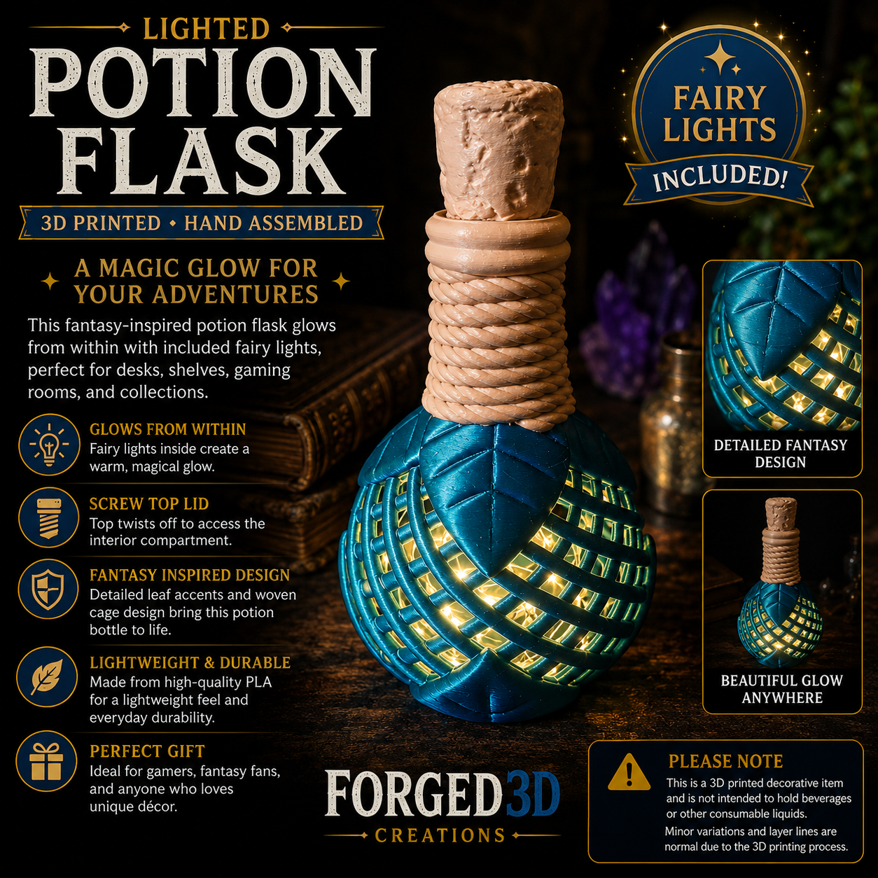 3D Printed Lighted Potion Flask – Fantasy Bottle with Fairy Lights
