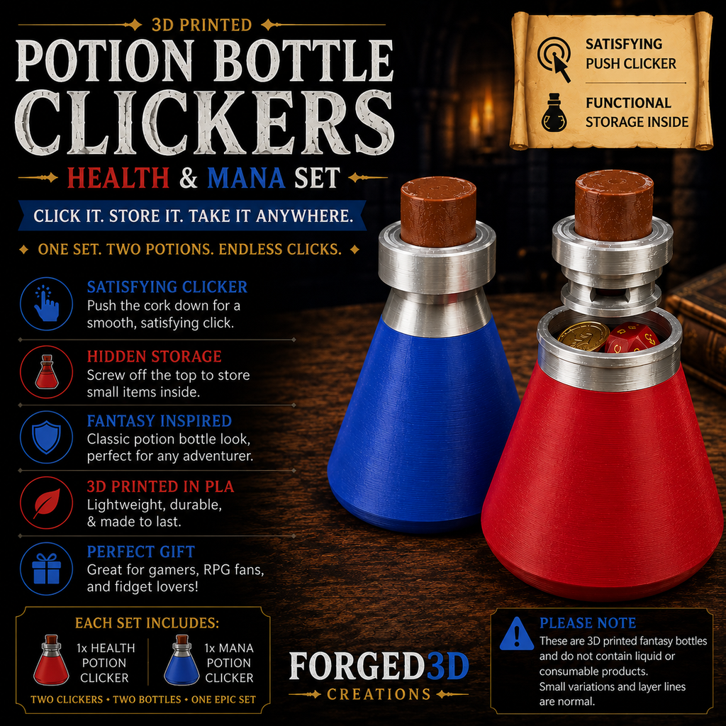 3D Printed Health & Mana Potion Bottle Clickers – Fidget Storage Set