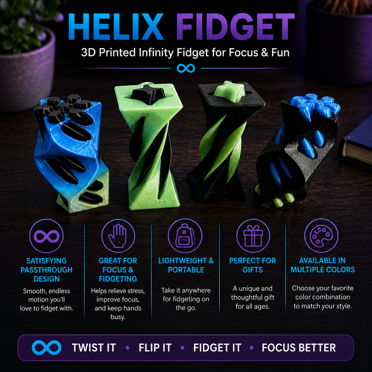 Three 3D printed Helix Fidgets in blue, green, and black are displayed on a dark wooden surface, with promotional text highlighting their design, portability, and multiple color options.