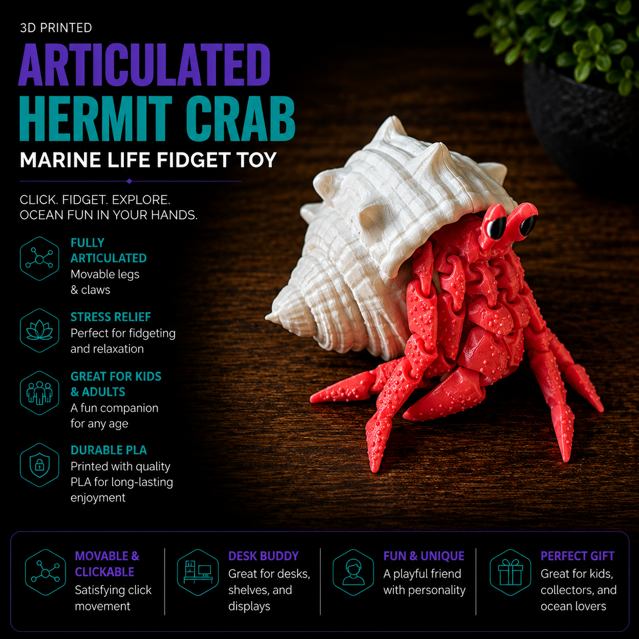 3D Printed Articulated Hermit Crab – Marine Life Fidget Toy