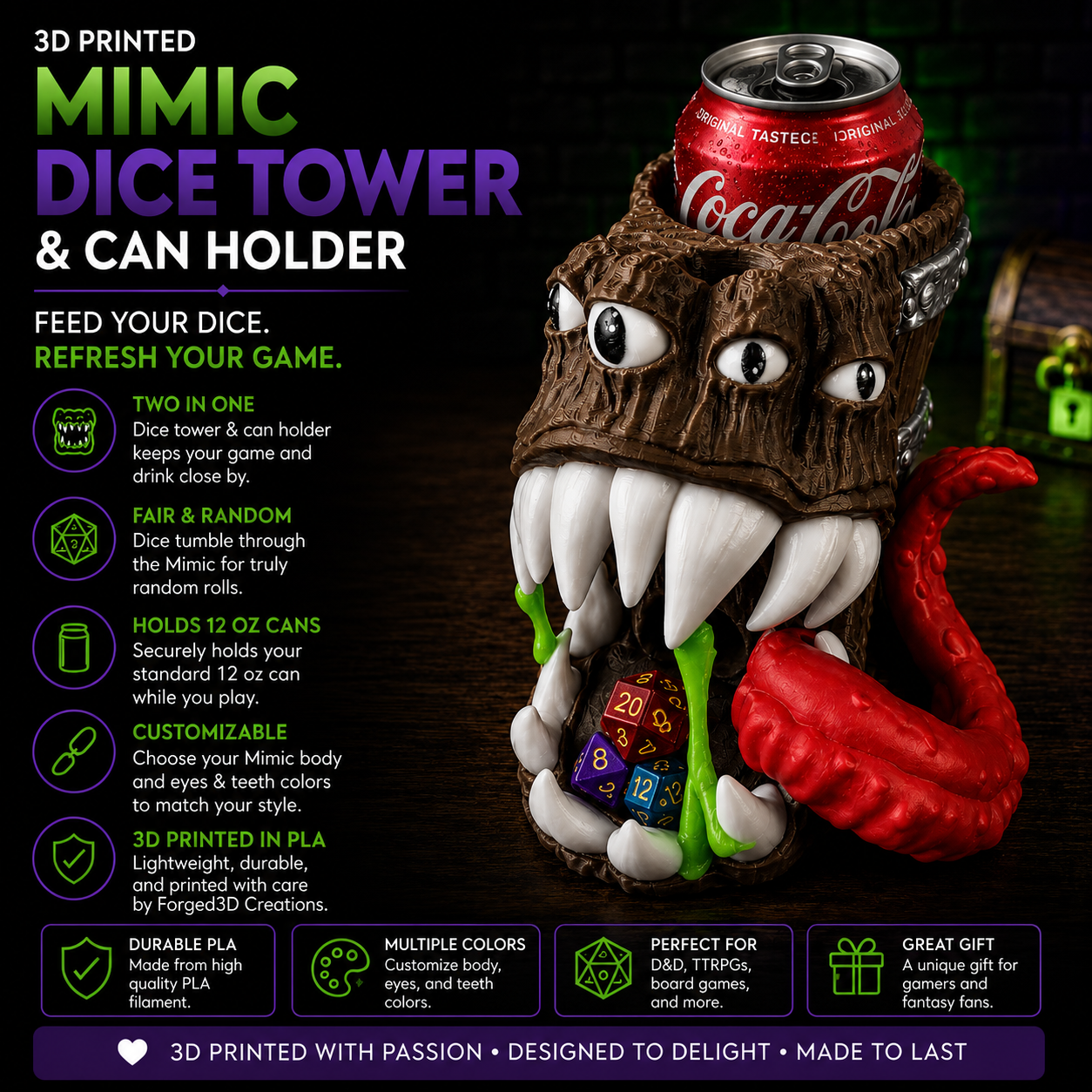 3D Printed Mimic Dice Tower & Can Holder – D&D / TTRPG Accessory