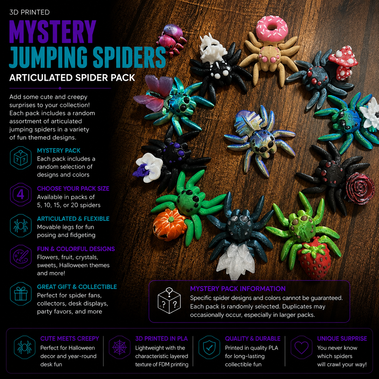 3D Printed Mystery Jumping Spiders – Articulated Spider Pack