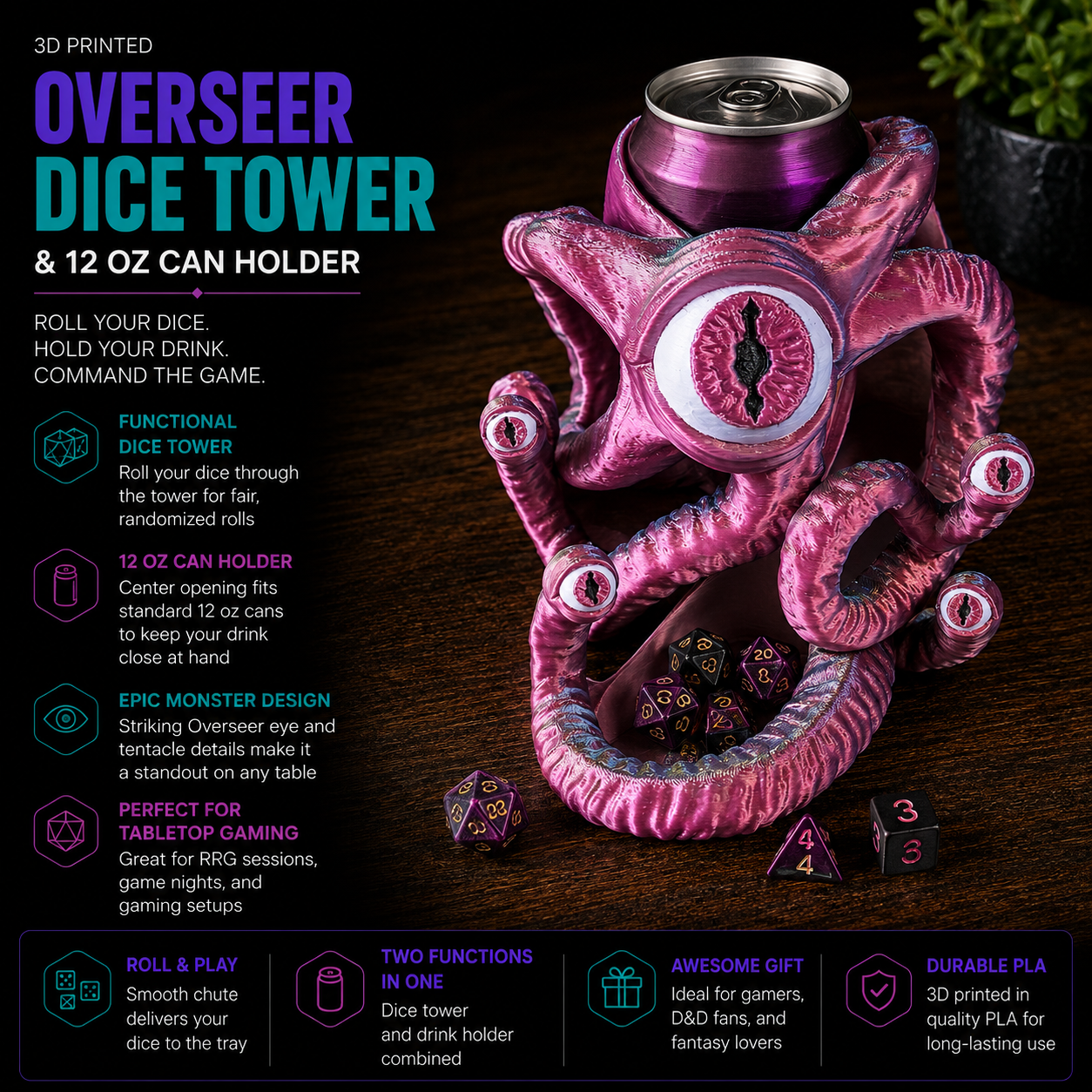 3D Printed Overseer Dice Tower & 12 oz Can Holder