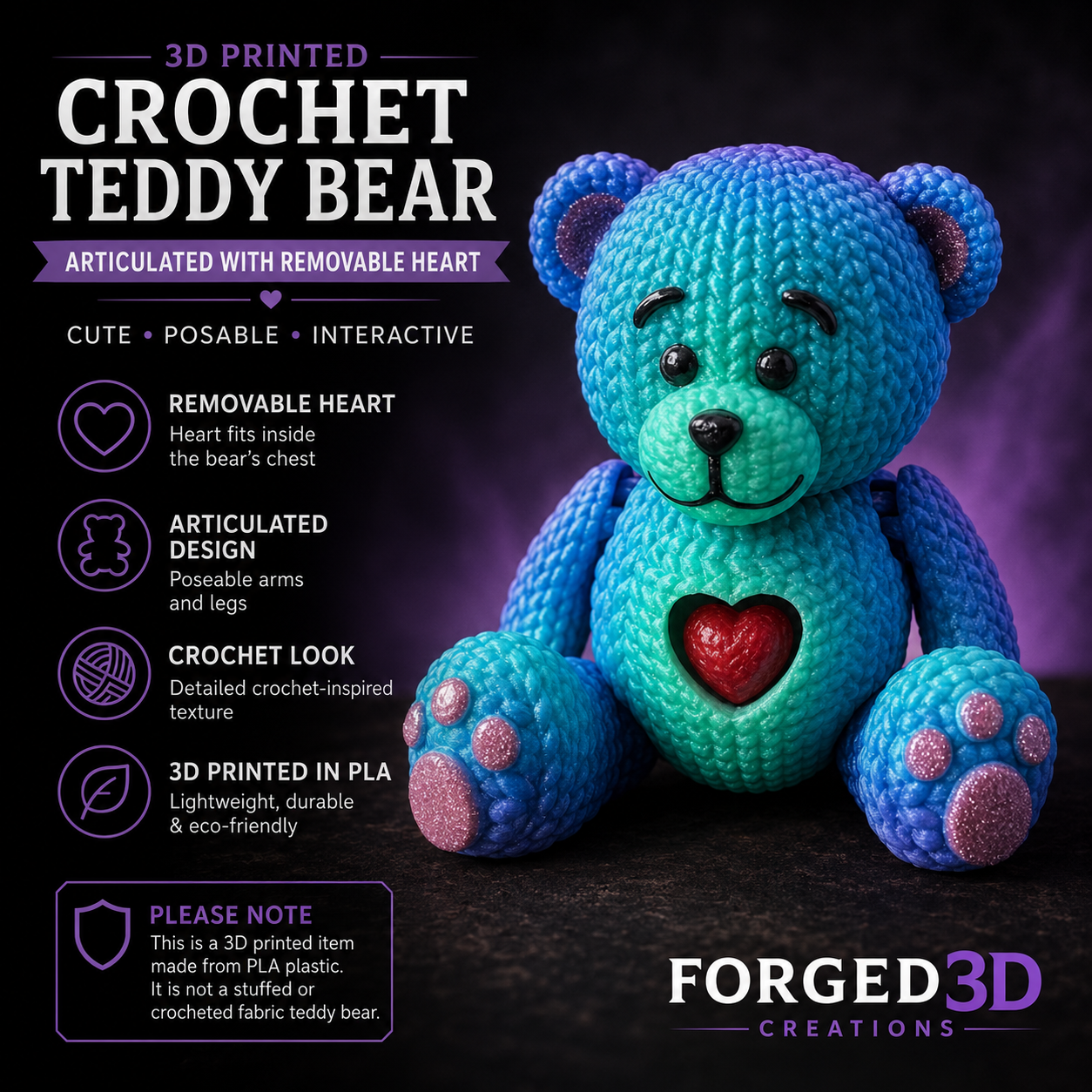 3D Printed Crochet Teddy Bear – Articulated Bear with Removable Heart