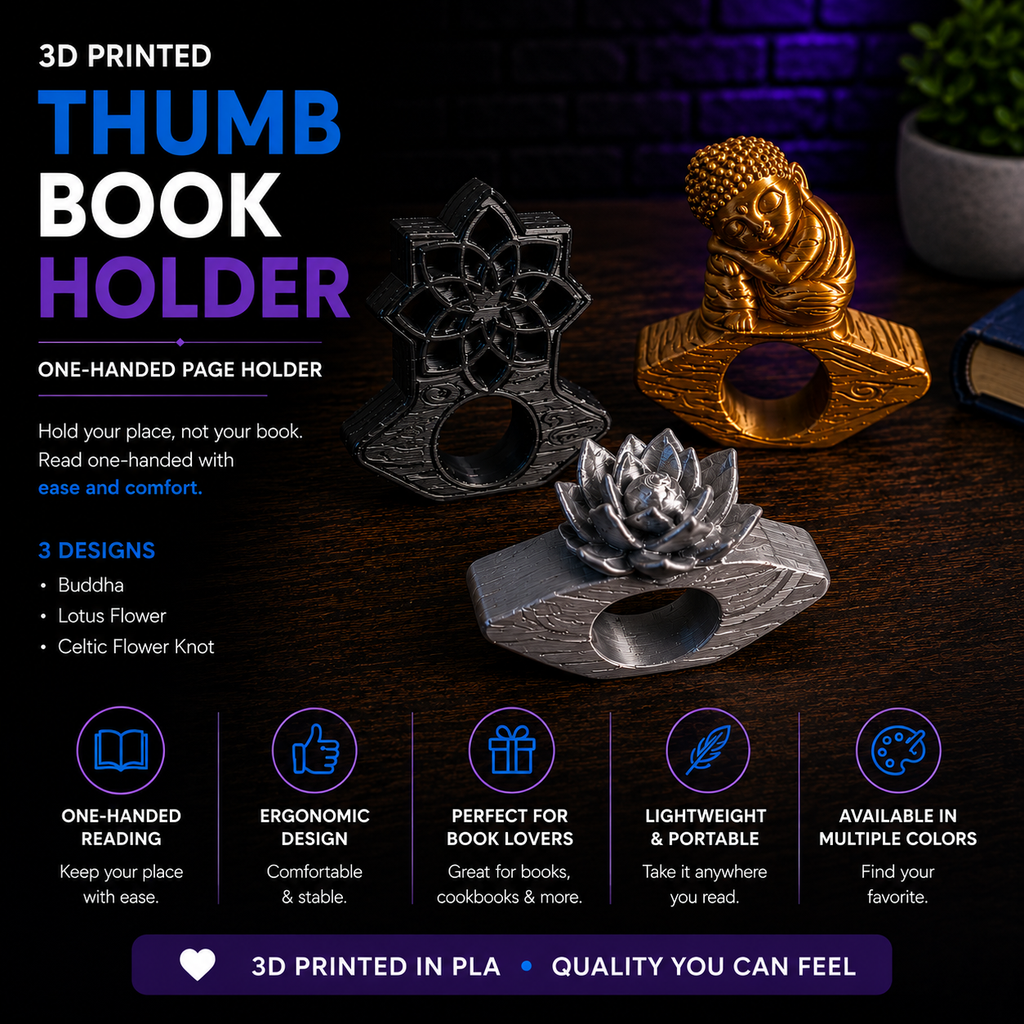 Promotional graphic for a 3D printed thumb book holder, showing three ring-style holders: a gold Buddha design, a silver lotus flower design, and a black Celtic design. Text highlights one-handed page holding, three designs, and features on a dark wood background with decorative props.