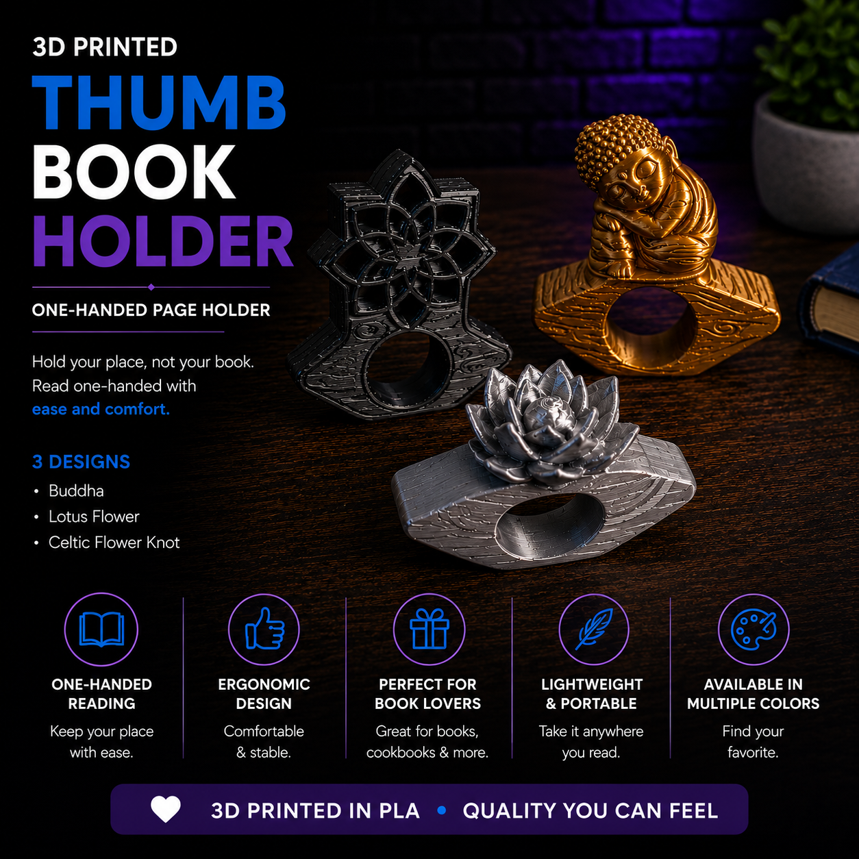 Promotional graphic for a 3D printed thumb book holder, showing three ring-style holders: a gold Buddha design, a silver lotus flower design, and a black Celtic design. Text highlights one-handed page holding, three designs, and features on a dark wood background with decorative props.